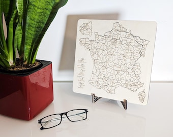 Carte de la France en bois, cadeau éducatif, départements français, régions françaises, décoration d’intérieure unique