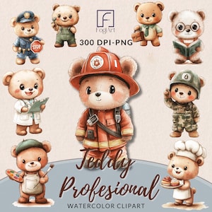 Puede incluir: Conjunto de diez ilustraciones de acuarela de osos de peluche vestidos con diferentes profesiones. Los osos llevan disfraces como un policía, un médico, un bombero, un chef, un artista, un soldado, un hombre de negocios y un estudiante. Las ilustraciones son de estilo de dibujos animados y son perfectas para usar en libros para niños, tarjetas de felicitación u otros proyectos creativos.