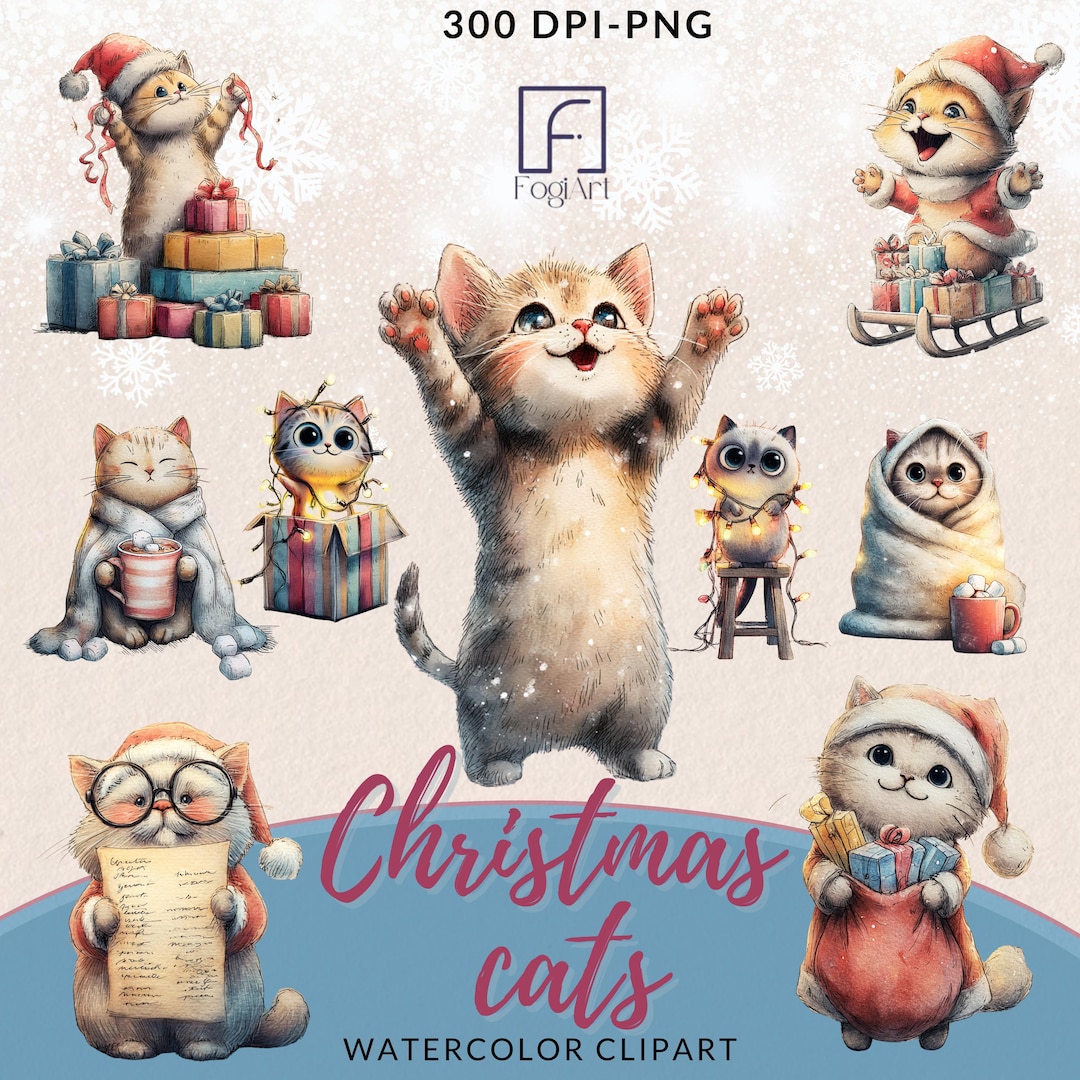 Christmas Cats Clipart | Watercolor Cat PNG Bundle | Cute Holiday ...
