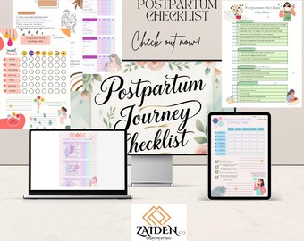 May include: A digital postpartum checklist with various sections, including a weekly schedule, mood tracker, and diet plan. The design features floral accents and the text "Complete Editable Postpartum Checklist" and "Postpartum Journey Checklist."