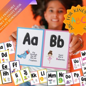 May include: A collection of alphabet flashcards with colorful illustrations and the text "ABC for Kinesthetics." The cards feature letters A through Z, with corresponding images and phrases like "Fly through the air like an Airplane."