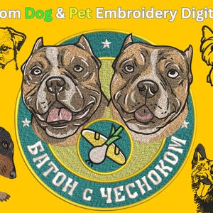 Puede incluir: Un fondo amarillo con el texto "Custom Dog & Pet Embroidery Digitizing". La imagen presenta retratos de perros bordados, incluyendo dos pitbulls, un dachshund, un Yorkshire Terrier, un pastor alemán y un bulldog.