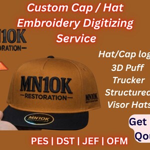 May include: A brown and black baseball cap with the text "MN10K -RESTORATION-" embroidered on the front. The image also includes text that says "Custom Cap / Hat Embroidery Digitizing Service".