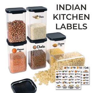 May include: Set of six clear plastic containers with black lids, labeled with black text for various Indian pantry staples, such as rice, chana dal, masoor dal, and chole.  The labels are printed with the words "Rice", "Chana Dal", "Masoor Dal", and "Chole".  A set of smaller labels with various Indian food names are also included.