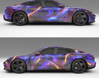 Design de envelopamento de carro com pontos neon vibrantes: arquivo digital para impressão, alta resolução.
