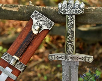 DAMASCUS VIKING SWORD, Viking Sword, Damascus Steel Sword, Hand Forged Damascus Steel Sword With Leather Sheath Included, Personalized Gift