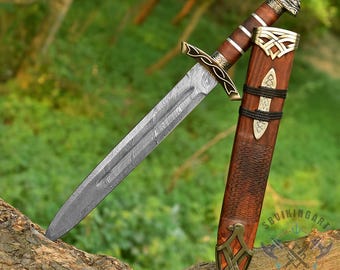 Damascus Sword With Unique Leather Sheath | Custom Viking Swords Gift for Him | Hand Forged Damascus Steel Real Sword | Decorative Sword