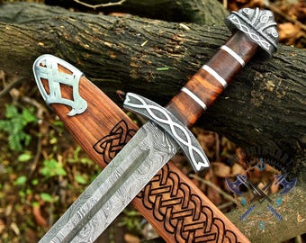 Personalized Viking Sword With Leather Sheath | Decorative Hand Forged Damascus Steel Historical Sword For History Lovers | Gift For Him