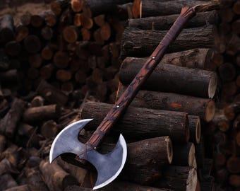Hacha vikinga de doble filo con funda de cuero / Hacha vikinga de acero al carbono forjada a mano a medida / Hacha de doble filo con mango de madera de fresno / Regalo perfecto para él