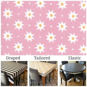 Laminated cotton aka oilcloth tablecloth custom size and fit choose elastic, tailored or draped, white sparkles on pink