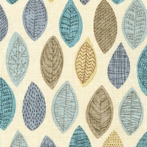 May include: A fabric pattern featuring a repeating motif of stylized leaves in shades of blue, brown, and yellow on a cream-colored background. Each leaf shape contains distinct line work, including cross-hatching, dots, and zig-zag patterns.