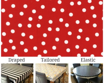 Laminated cotton tablecloth fitted by TAILORING or fitted by ELASTIC or DRAPED, Ruby Red with White Dots