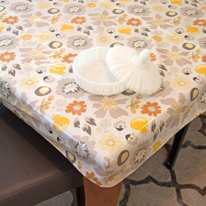 Laminated cotton aka oilcloth tablecloth custom size and fit choose elastic, tailored, or draped Alexander Henry La Paloma Tea Stained image 3