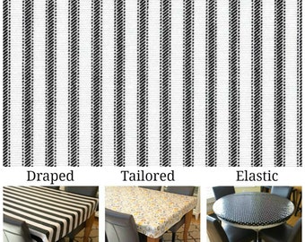 Laminated cotton aka oilcloth heavyweight tablecloth, fitted by TAILORING or fitted by ELASTIC or DRAPED, black and white ticking print