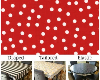 Laminated cotton tablecloth fitted by TAILORING or fitted by ELASTIC or DRAPED, red with white polka dots