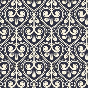 May include: A repeating pattern featuring cream-colored heart shapes with decorative swirls and bows, set against a dark navy blue background. The hearts are outlined with small cream-colored dots, creating a vintage, romantic aesthetic.