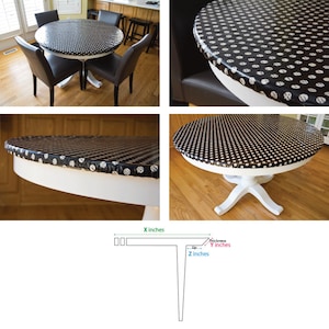 Puede incluir: Un mantel de mesa de lunares negros y blancos con un borde de 5 cm y un grosor de 3 mm. El mantel es de vinilo e impermeable. Se muestra sobre una mesa blanca con tapa redonda y base de pedestal.