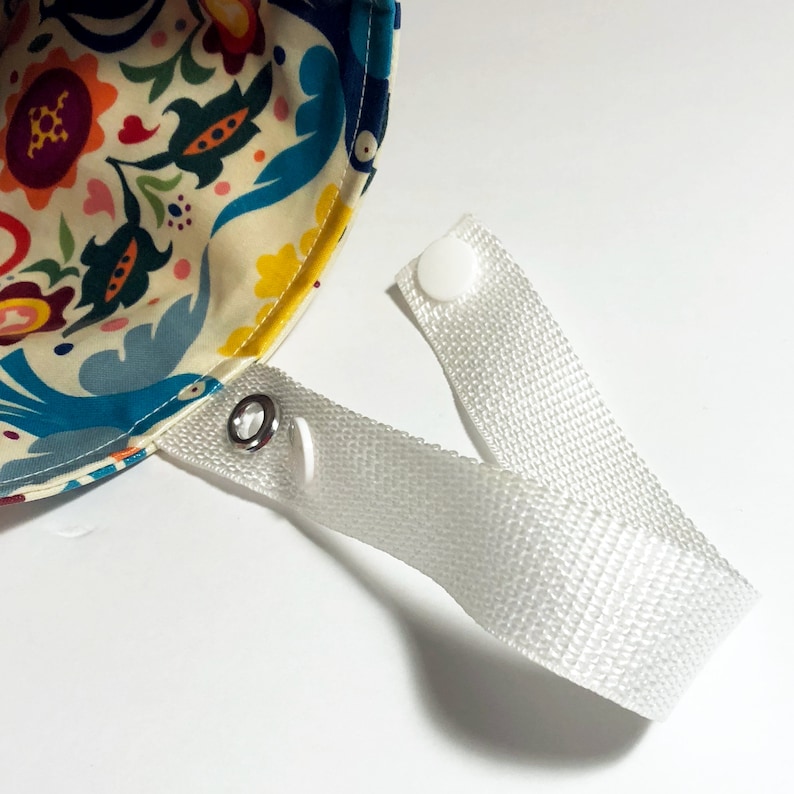 Op de afbeelding: Een witte stoffen band met twee witte plastic drukknopen en een zilveren metalen ring. De band is bevestigd aan een kleurrijke stoffen tas met een bloemenpatroon.
