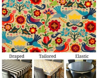Laminated cotton aka oilcloth tablecloth custom size and fit choose elastic, tailored, or draped Alexander Henry La Paloma Tea Stained