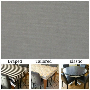 May include: Three tablecloths are shown, each demonstrating a different style: draped, tailored, and elastic. The draped tablecloth is black and white striped, the tailored tablecloth is floral, and the elastic tablecloth is black and white polka dot.