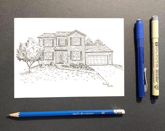 Custom Home Illustration from Photo- Hand Drawn in California