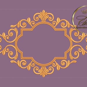 May include: A gold-colored, ornate embroidery design featuring a central quatrefoil shape surrounded by scrolling floral elements. The design is set against a muted purple background, with a circular logo in the upper right corner.