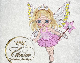 May include: Embroidered design of a tooth fairy with blonde hair, a pink dress, and wings. She is holding a wand with a star on the end. The design is perfect for a child's room or nursery.