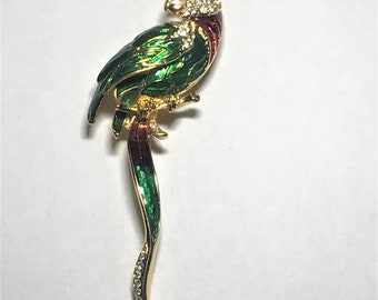 Vintage enamel and rhinestone parrot on perch brooch pin