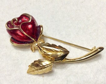 REd enamel rose trembler leaves brooch pin.