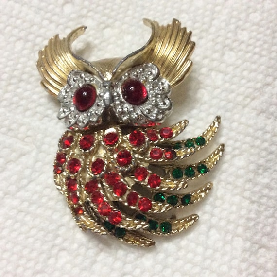 Vintage rhinestone owl brooch pin - image 1