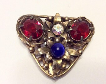 Vintage 1940s fur clip. Faceted rhinestones, faux sapphire free ship to US