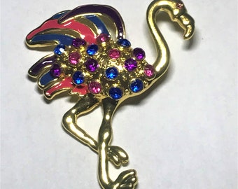 Vintage signed FOX rhinestone flamingo brooch pin