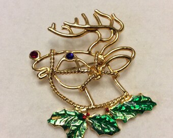 Christmas reindeer brooch pin. Green red rhinestones enamel on metal. Free ship to US