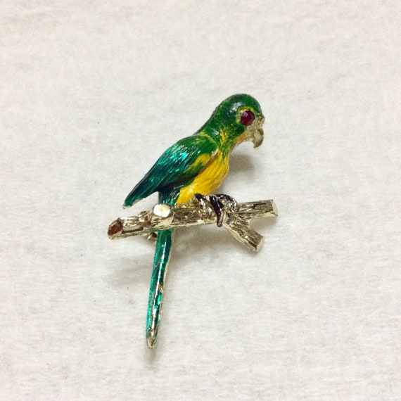 Parakeet bird on branch enamel brooch pin 1950s - image 1