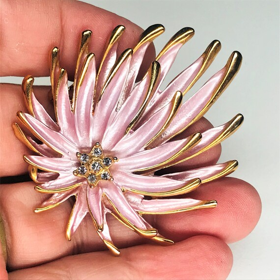 vintage chrysanthemum enamel rhinestone spray bro… - image 5