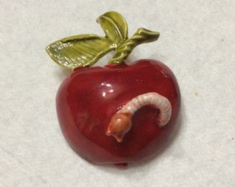 Original by Robert red enamel apple with worm brooch