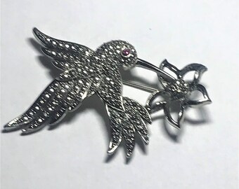 Vintage marcasite hummingbird brooch pin Signed Avon