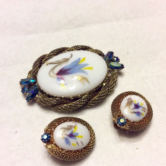 Hand Painted Porcelain Brooch and Earrings Set 1950s. Etsy