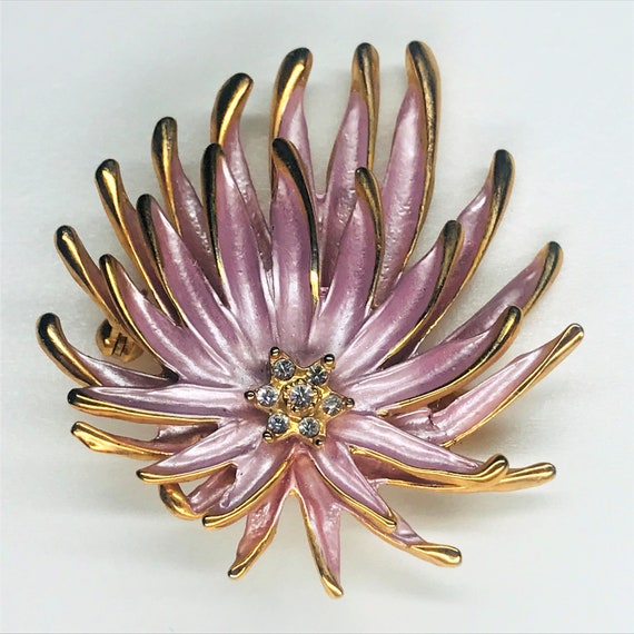 vintage chrysanthemum enamel rhinestone spray bro… - image 1