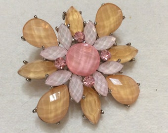 Faceted acrylic pink yellow whitw rhinestones floral brooch pin.