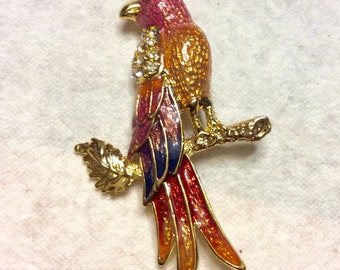 Vintage 1970's parrot on a branch rhinestone enamel brooch pin.