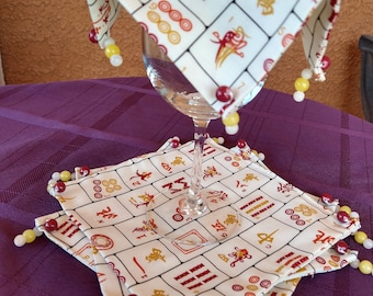 Beverage Cover Ups, Mah Jongg, Cream, Red, Yellow Orange, Tiles, Bams, Cracks, Dots, Handmade by Material Visions