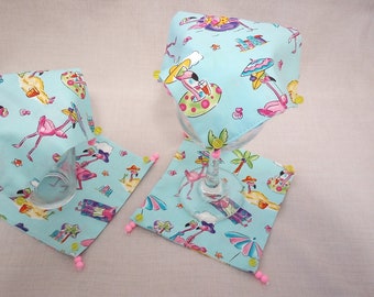 Beverage Cover Ups, Pink Flamingos, Beach, Blue, Purple, Yellow Handmade by Material Visions