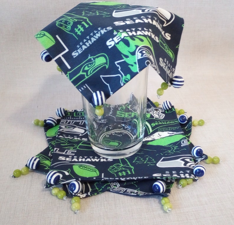Beverage Cover Ups, Seattle Seahawks, Football, Blue, Green, White, Grey Handmade by Material Visions image 2