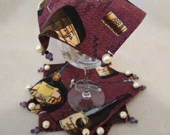 Beverage Cover Ups, Wine Bottles, Wine Glass, Burgandy, Black, Pink, Yellow, Handmade by Material Visions