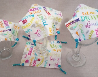 Beverage Cover Ups, Blue, Purple, Yellow, Pink, Orange, Drink Words, Handmade by Material Visions