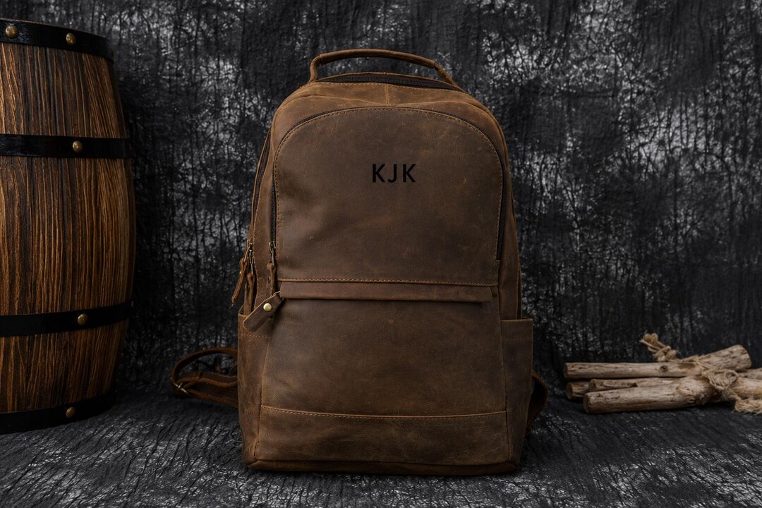 Personalized Leather Backpack, Vintage Brown Laptop Rucksack, Rustic ...