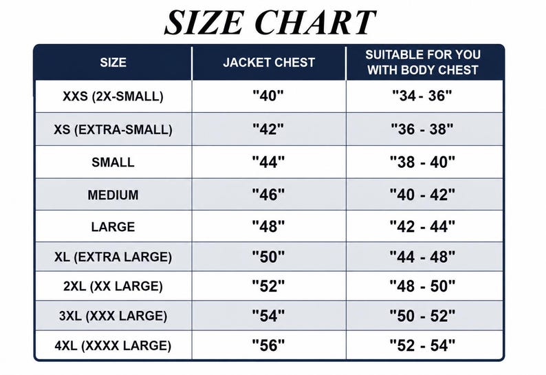 May include: A size chart with the title "SIZE CHART" in a white font. The chart has a navy blue header and lists sizes from XXS to 4XL, with corresponding jacket chest measurements in inches and suitable body chest measurements in inches.