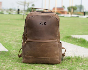 Gepersonaliseerde vintage leren rugzak, handgemaakte reisrugzak, tas met aangepaste initialen