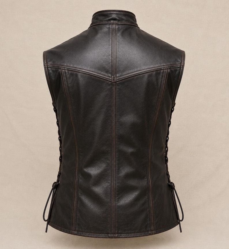 May include: A dark brown leather vest with a stand-up collar and decorative stitching. The vest features lace-up detailing on the sides and a tailored fit. The back view highlights the vest's design and construction.